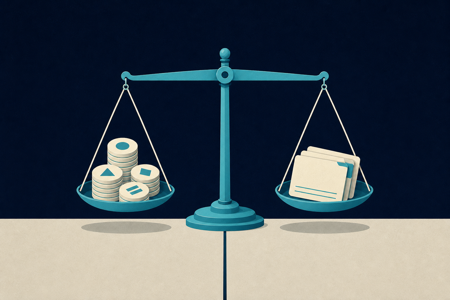 A balance scale represents the point where agency commission and owned-channel fixed costs can reverse as patient volume increases.