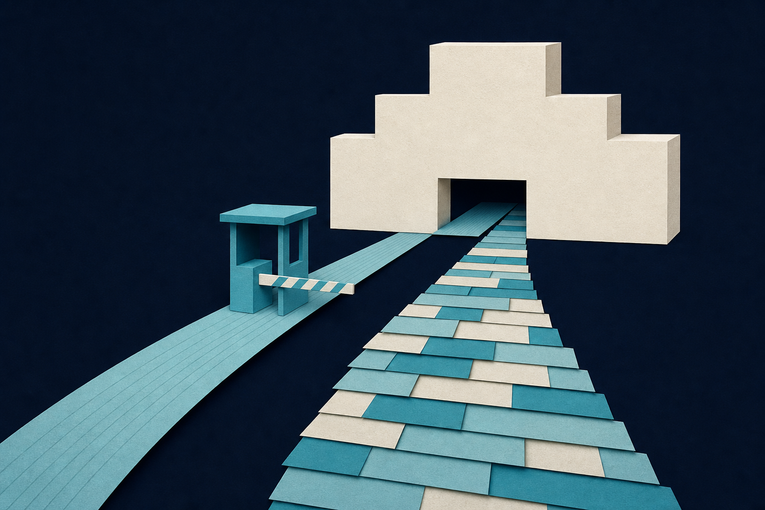 Two paper roads into a hospital block show how partner channels and owned channels create patient inflow through different cost structures.