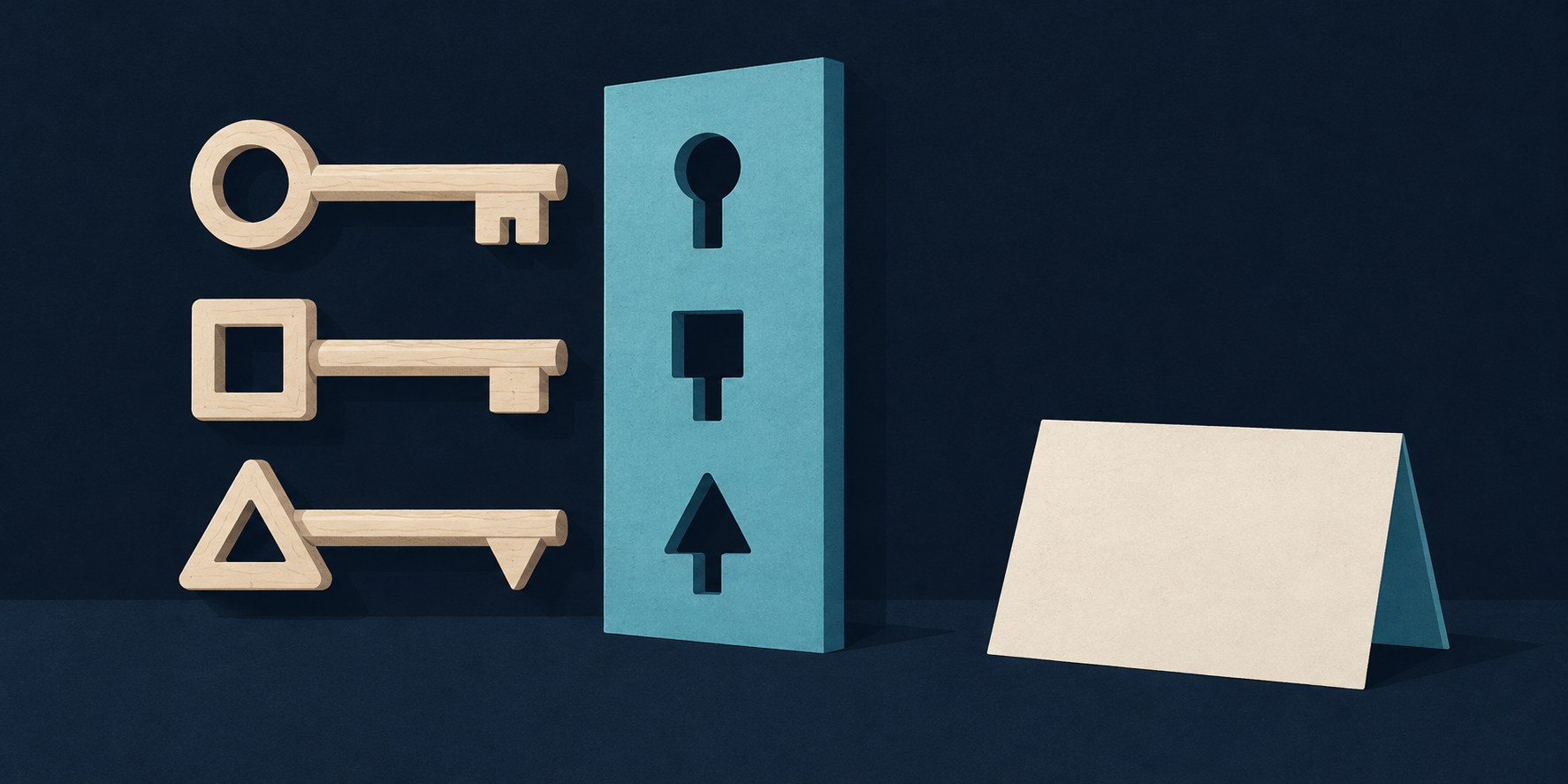 Matching wooden keys and keyholes represent the alignment between patient search language and service explanations, with a blank appointment card connecting understanding to consultation.