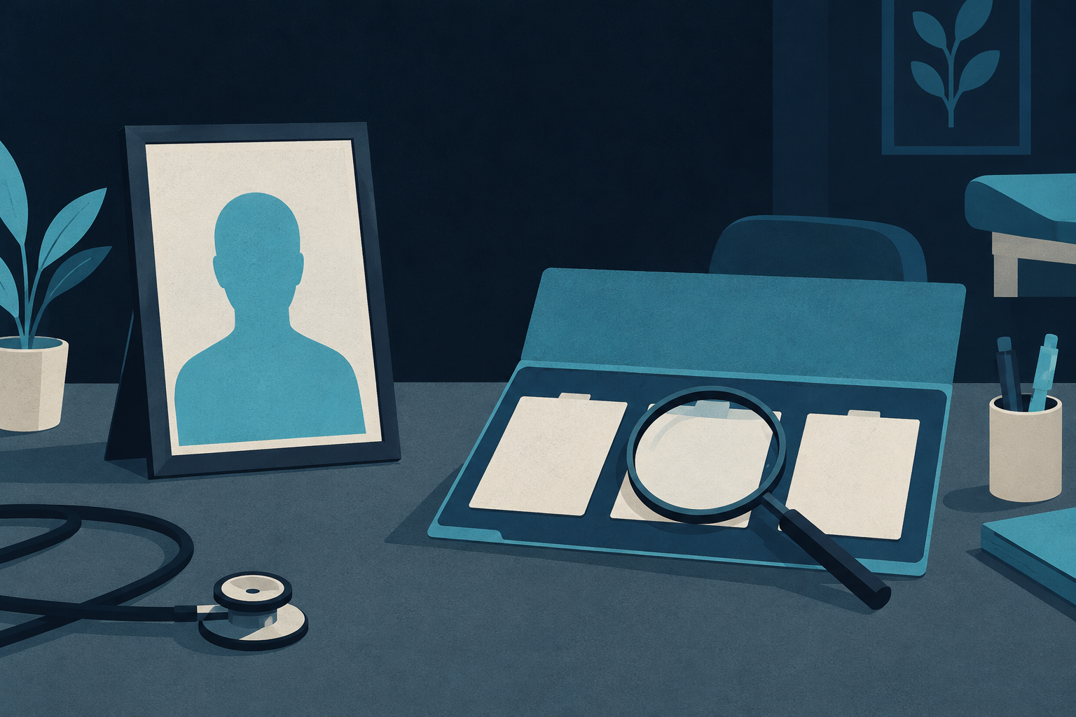 A physician portrait frame and an open case folder represent the complementary roles of professional identity and clinical reasoning.