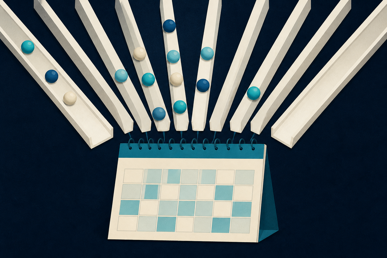 Separate country-level demand channels converge into one appointment calendar, showing how different acquisition paths must feed a unified booking operation.