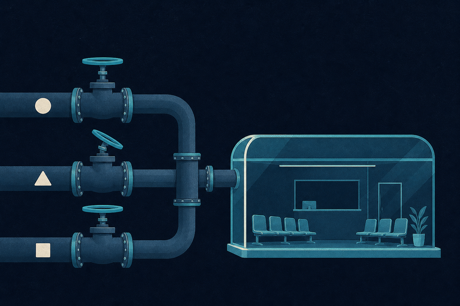 Three connected valves represent how flights, payments, and visas jointly regulate the flow of patients into a clinic market.