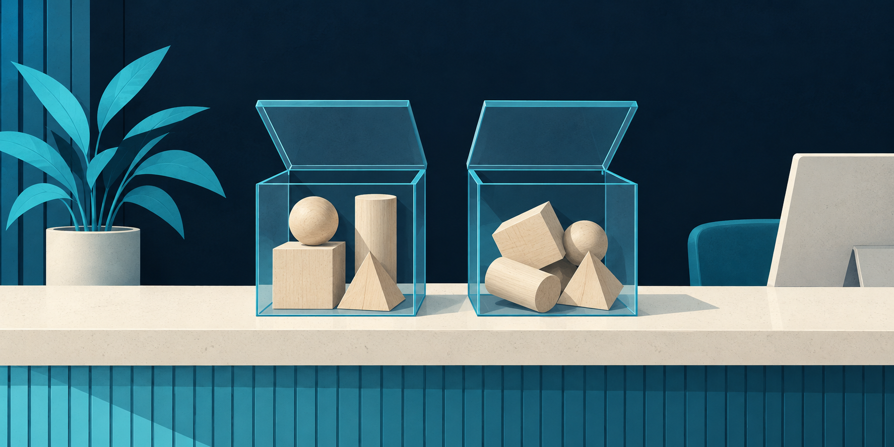 Open transparent boxes containing different wooden shapes illustrate how visible treatment components help patients compare more than price.