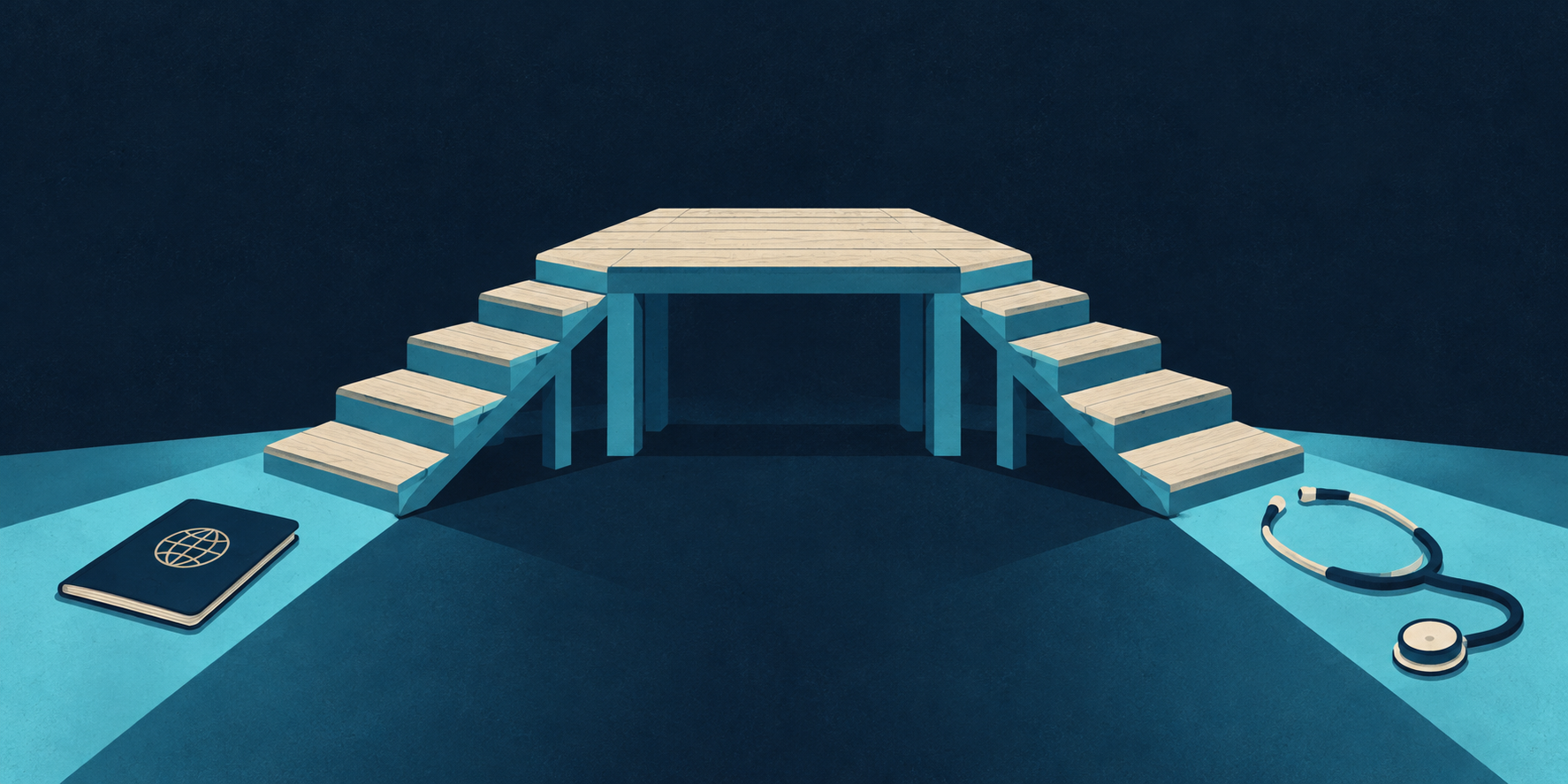 Two wooden staircases approaching a shared platform represent patients and clinicians reaching a common basis for discussion.