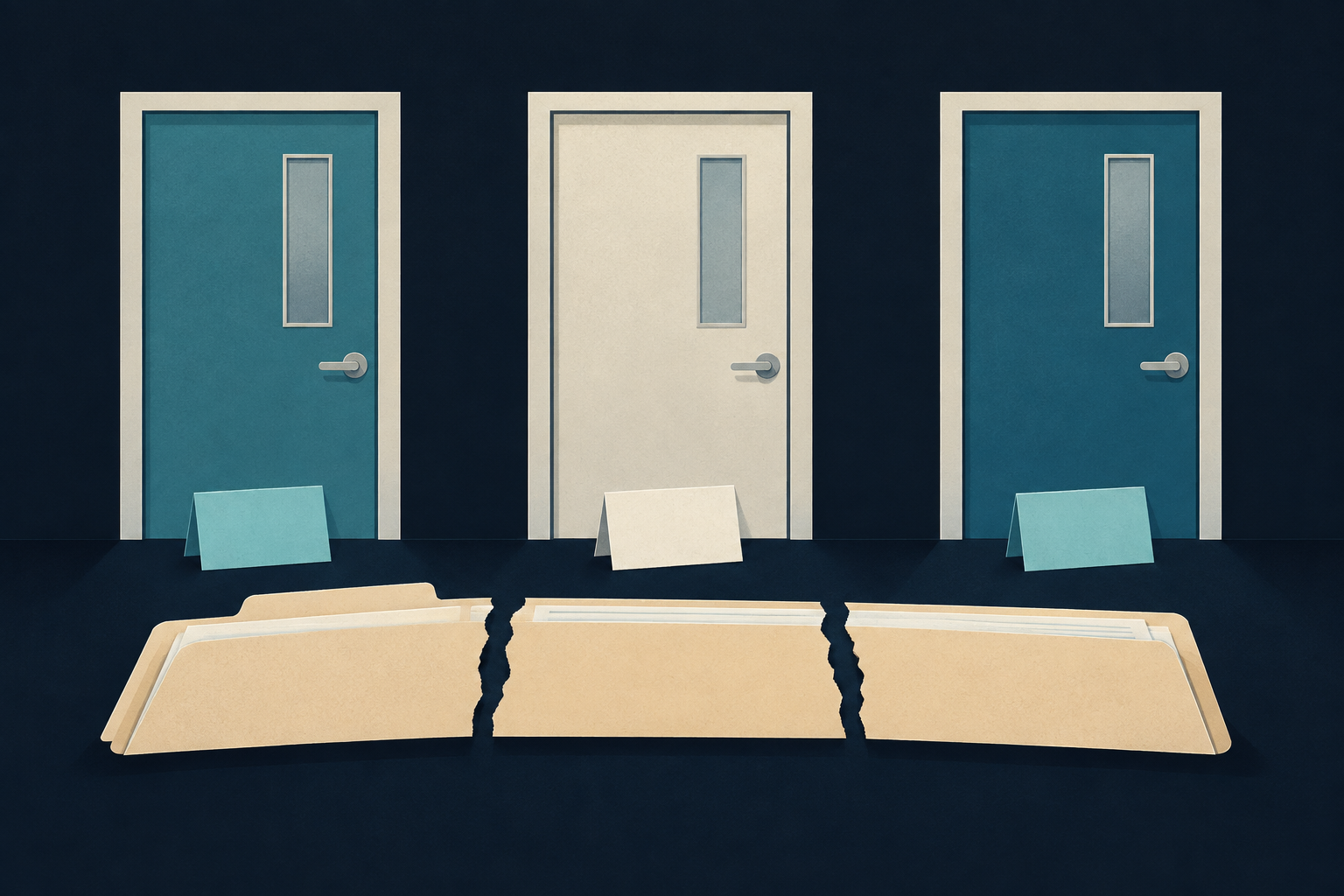 Three clinic doors and a split patient folder illustrate the information gaps and unclear responsibility path patients may perceive when staff change.
