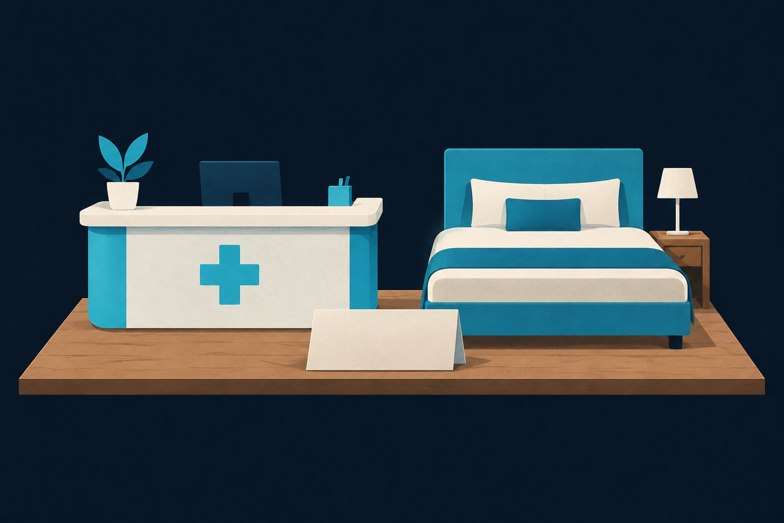 A clinic reception desk and hotel bed share one platform and review card, representing how patients may evaluate both as a single service experience.