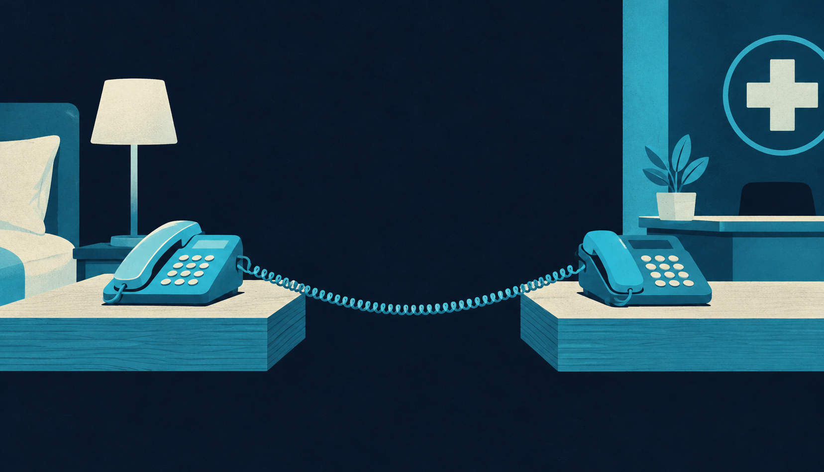A continuous cord connects hotel and clinic telephones, representing the communication arrangements that help guidance continue after discharge.