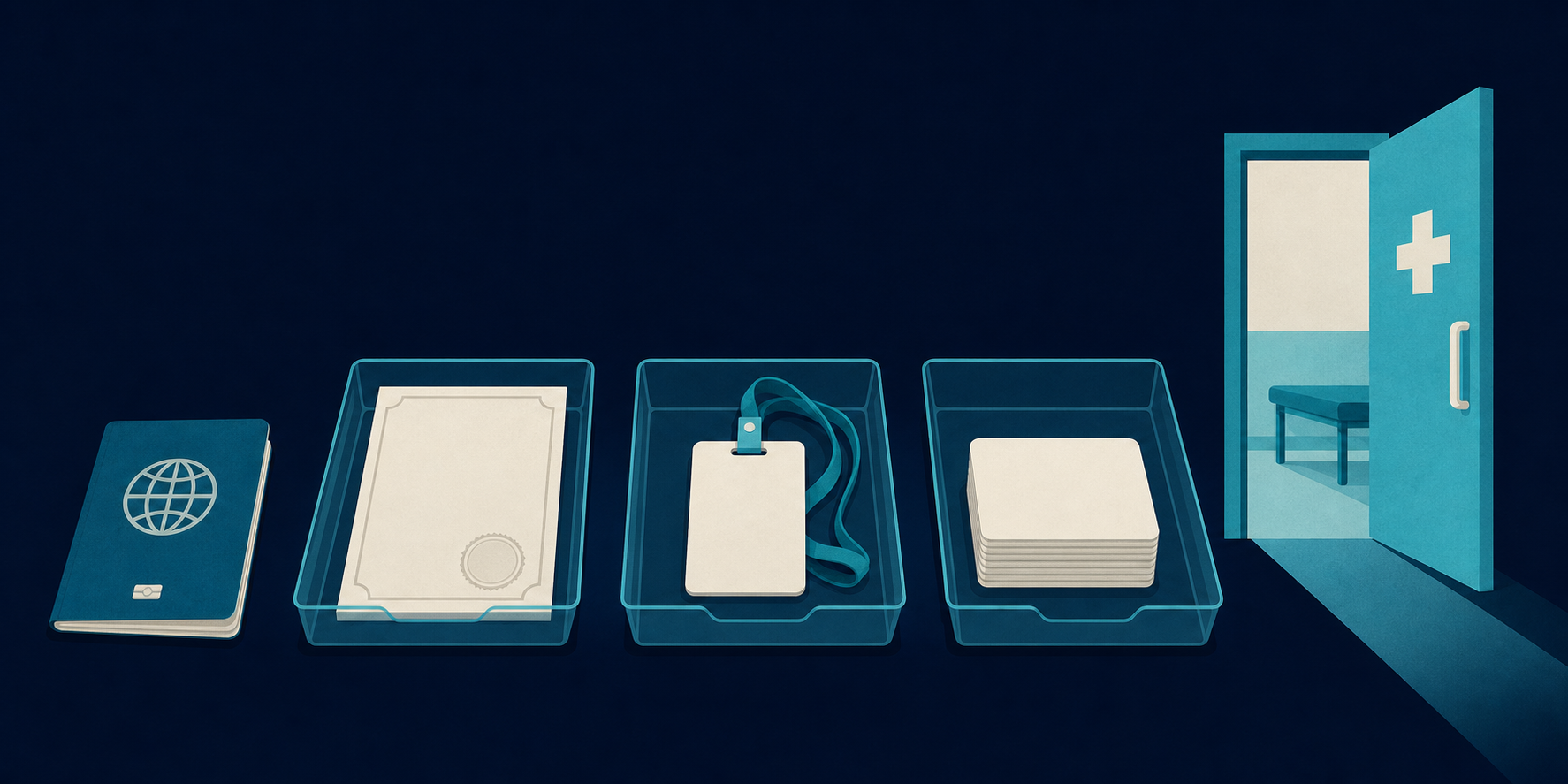 Inspection trays leading toward a clinic illustrate how credentials and accreditation reduce uncertainty when connected with practical operational information.
