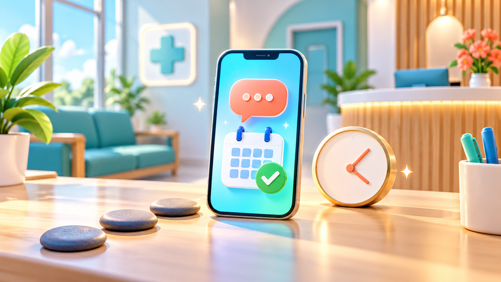 A smartphone with conversation and calendar symbols represents the patient touchpoints that connect an inquiry to consultation and booking through K-DIA.