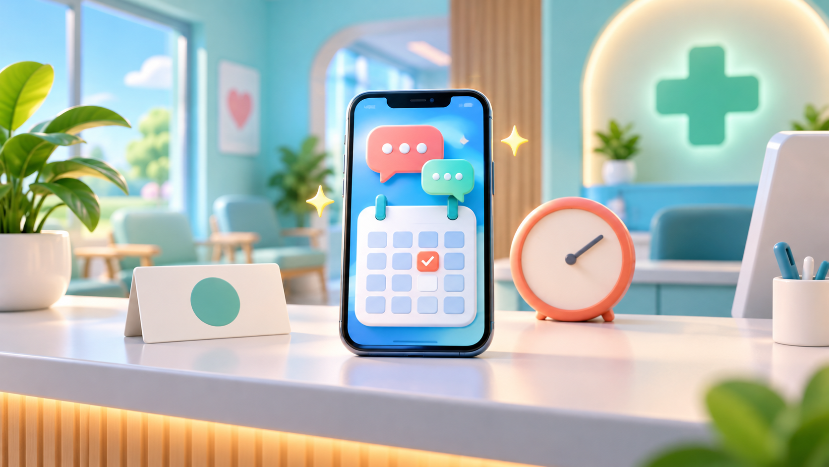 A smartphone with calendar and messaging symbols represents how K-DIA gives interested patients a next step through booking and in-app communication.