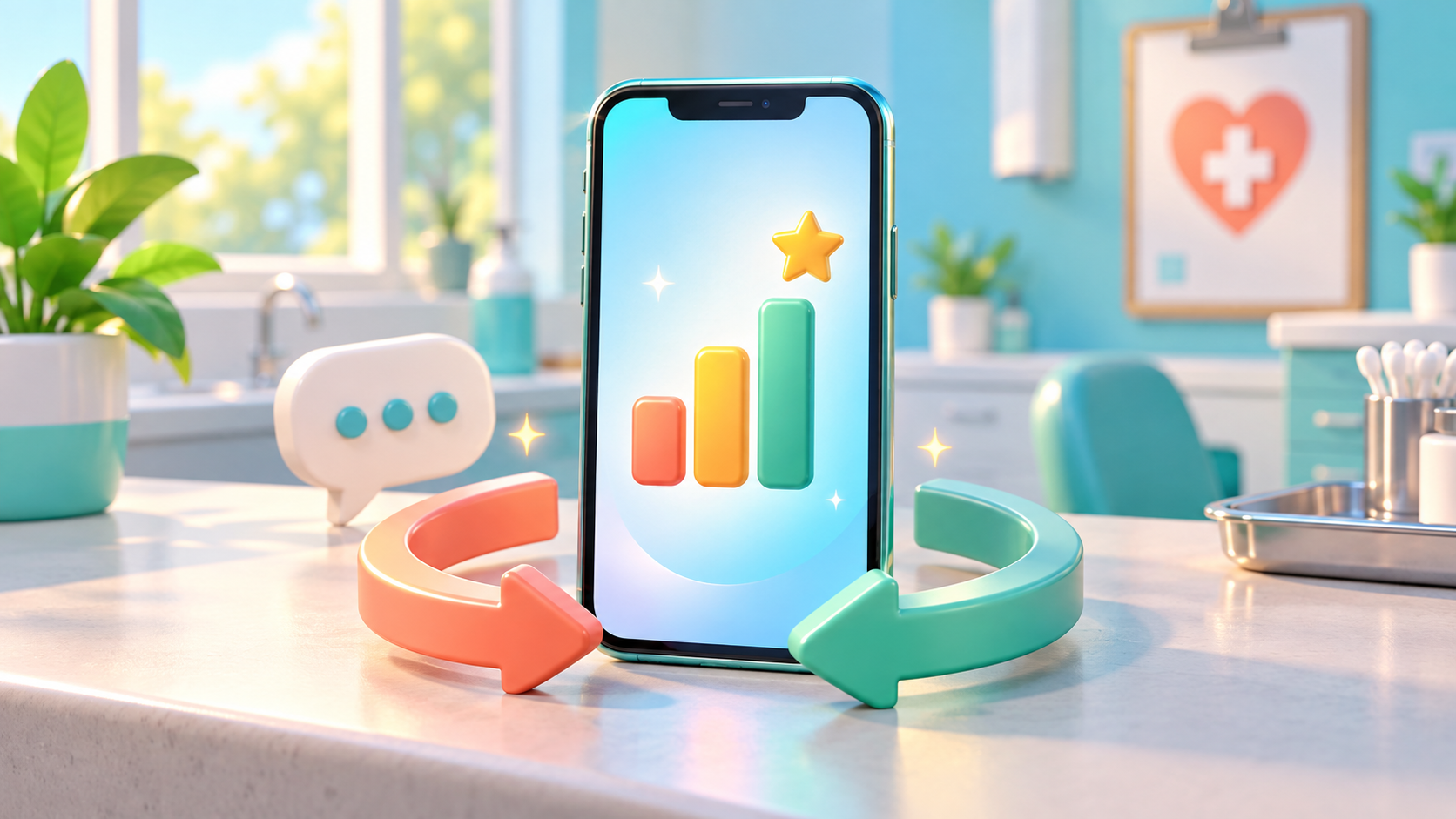 A smartphone surrounded by an open loop represents how K-DIA connects review and revisit touchpoints with insight into everyday clinic activity.