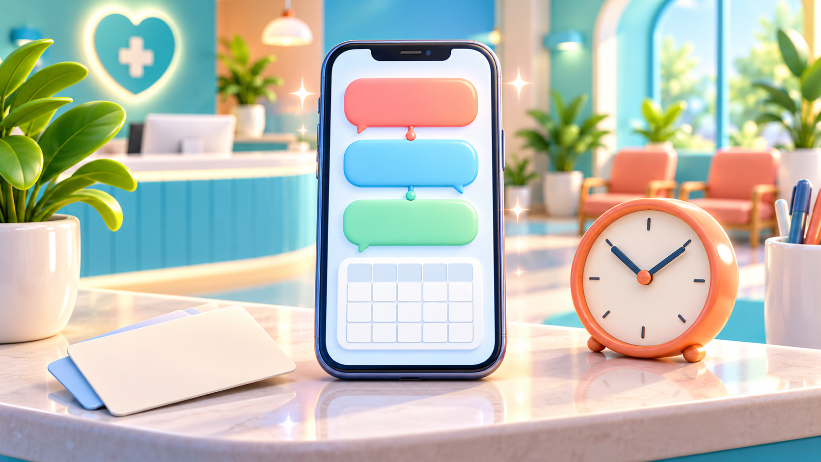 A smartphone with connected conversation symbols and a calendar represents the consultation and booking context that helps new staff understand a patient’s history.