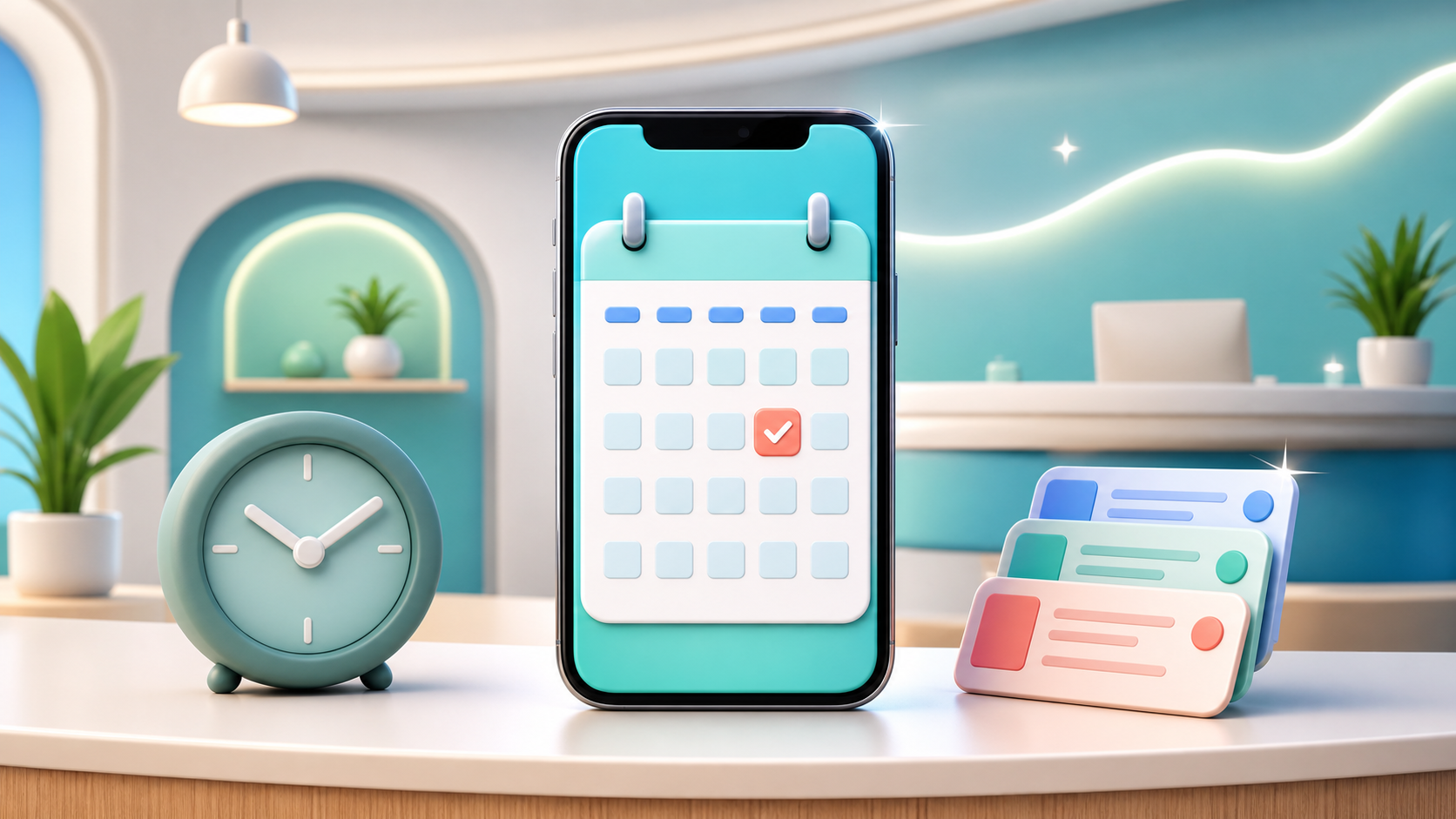 A smartphone on a tidy clinic reception desk represents how K-DIA organizes appointment times and reminder flows inside the app.