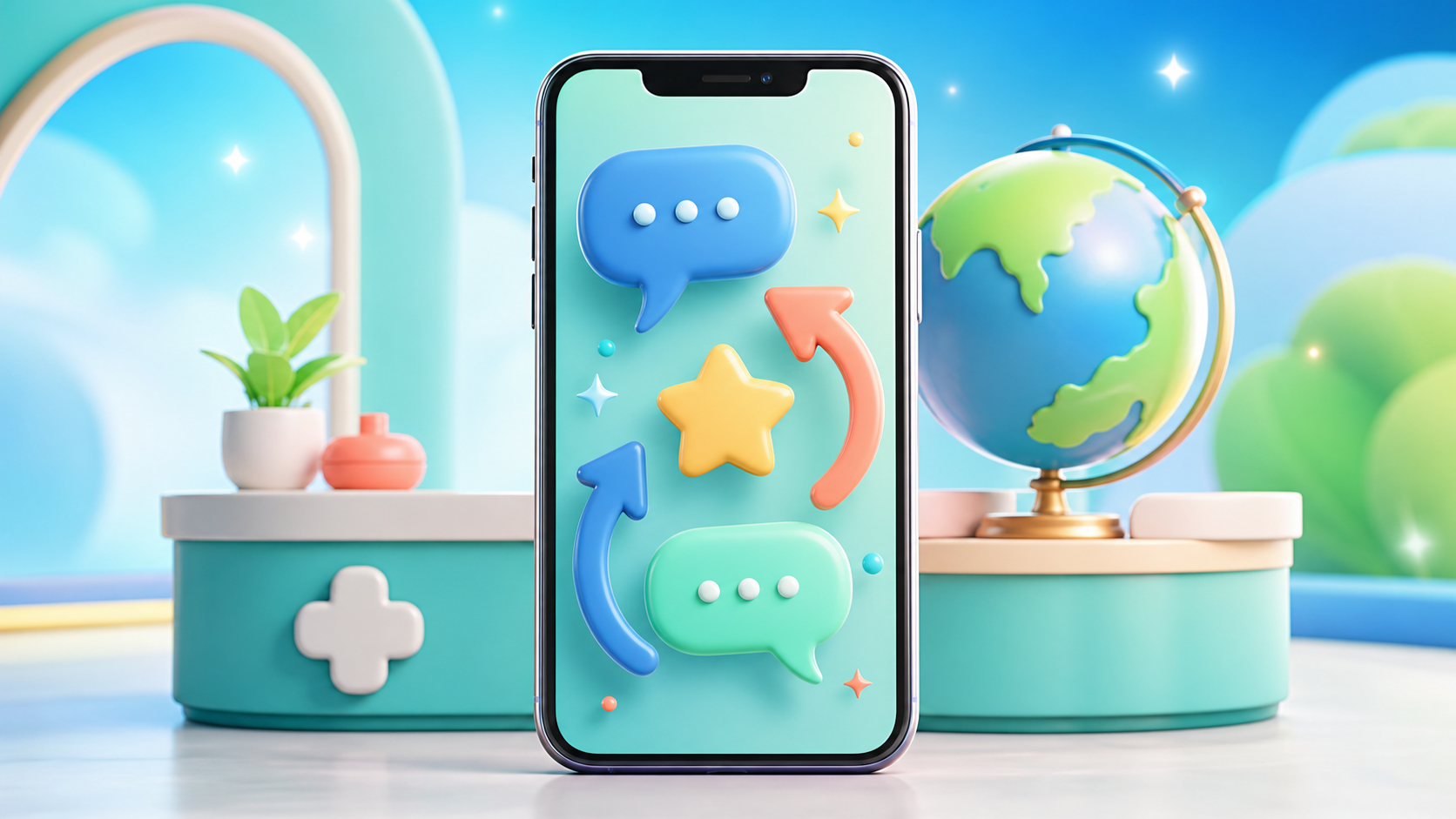 A smartphone with message, review, revisit and globe symbols shows how consultation, reviews, return visits and foreign-patient touchpoints connect in K-DIA.