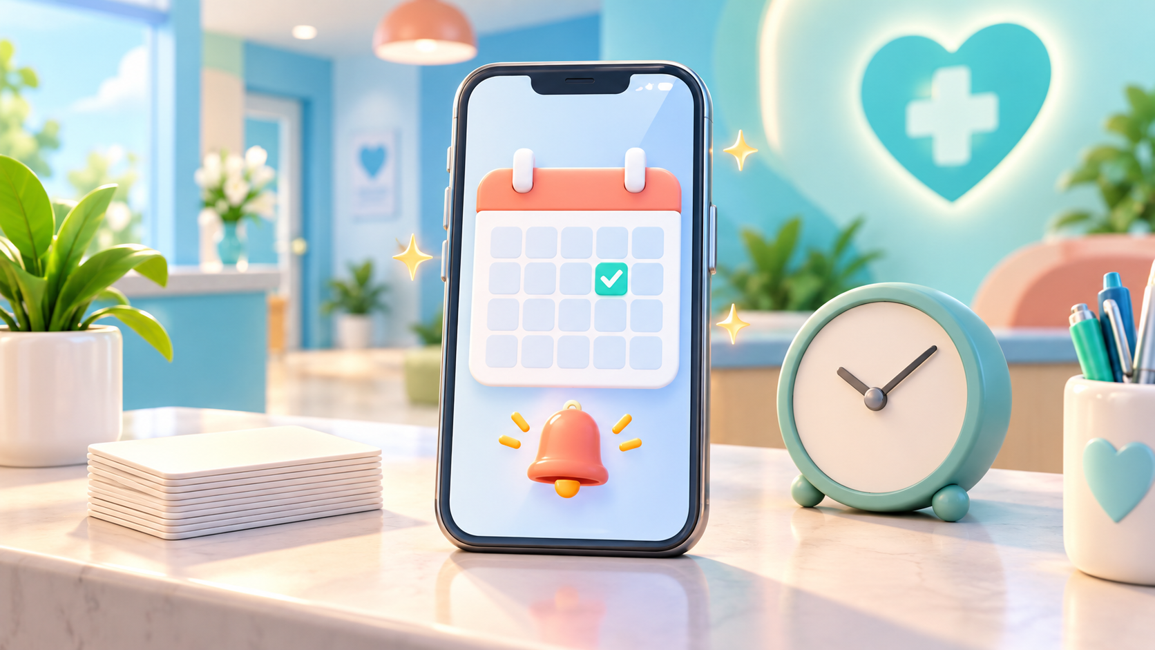 A central smartphone with calendar and reminder symbols illustrates how K-DIA supports appointment checks and pre-visit communication at clinic reception.