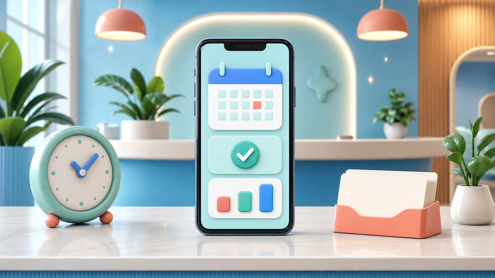 A tidy clinic reception desk with a smartphone dashboard visualizing booking and reminder flow at a glance.