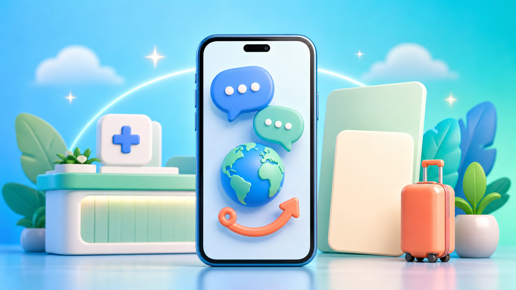 A smartphone-centered workflow showing consultation, multilingual communication, and revisit management connected in one app.