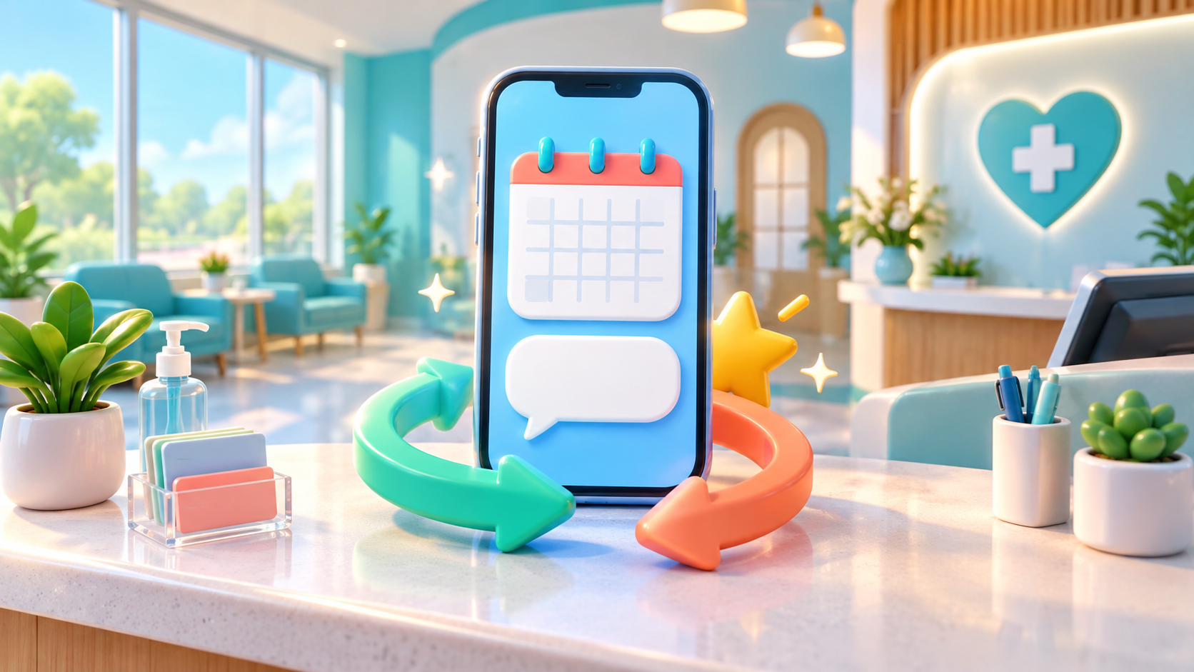 A smartphone surrounded by communication and feedback symbols represents K-DIA connecting bookings, consultations, reviews and revisits.