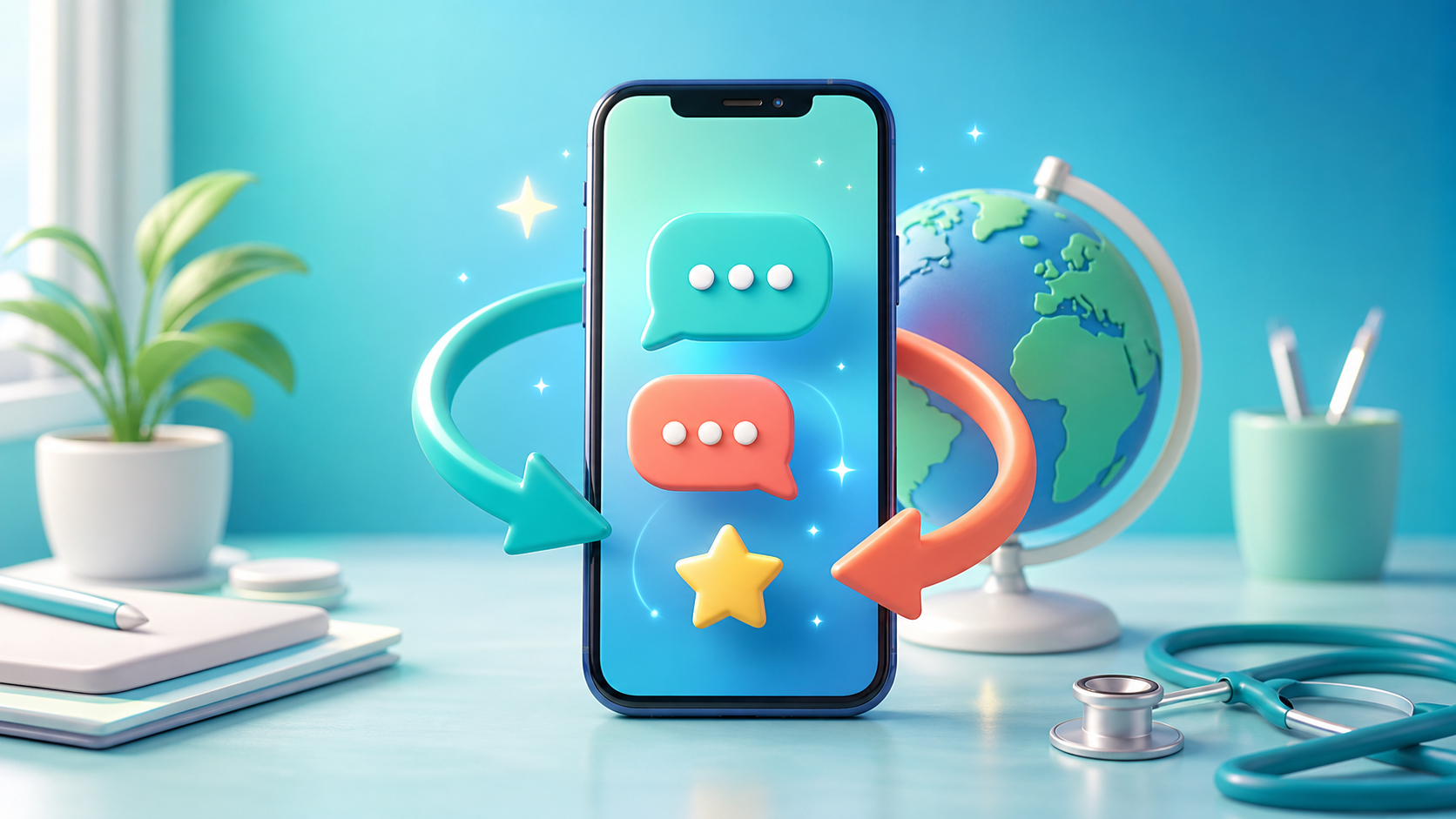 A smartphone visualizes how K-DIA connects consultation records with reviews, revisits, and multilingual patient communication.