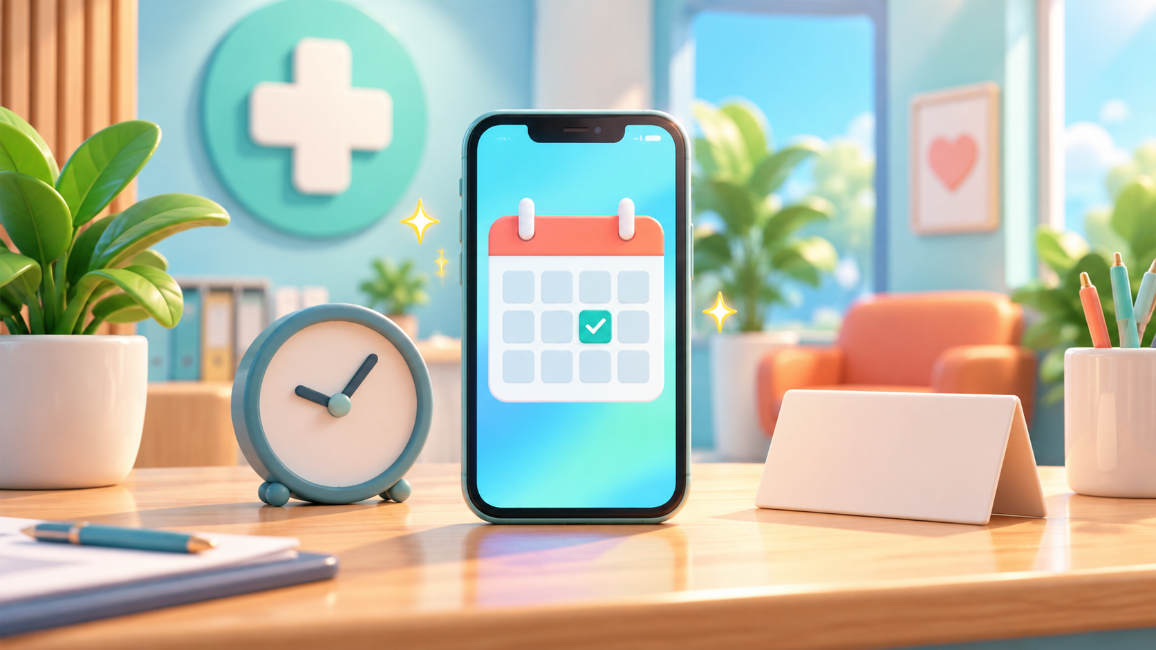 A calendar on a smartphone beside a clock and appointment card represents K-DIA booking confirmation and reminders as the starting point for pre-visit guidance.