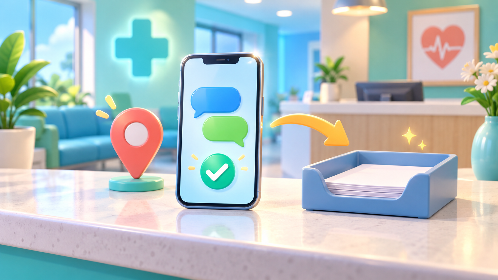 Speech bubbles on a smartphone beside a location pin and document tray represent how K-DIA pre-visit questions and guidance support reception preparation.