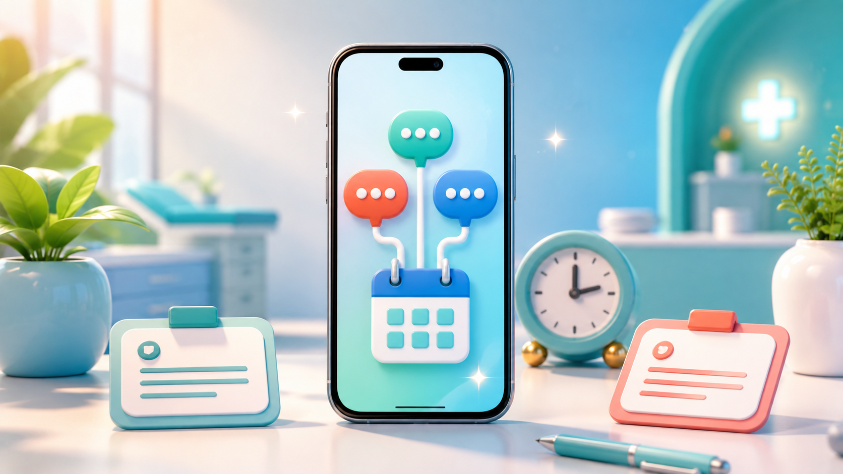 A smartphone-centered clinic desk visual showing how consultation messages in K-DIA can lead into appointment booking actions.