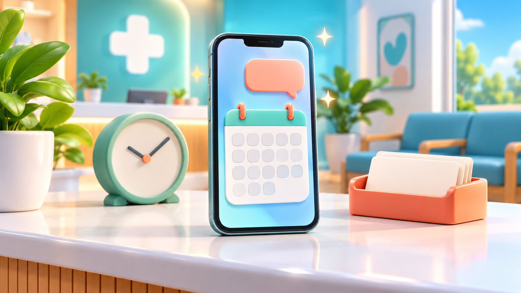 A phone at a quiet reception desk represents the way K-DIA lets patients leave appointment requests during lunch breaks.