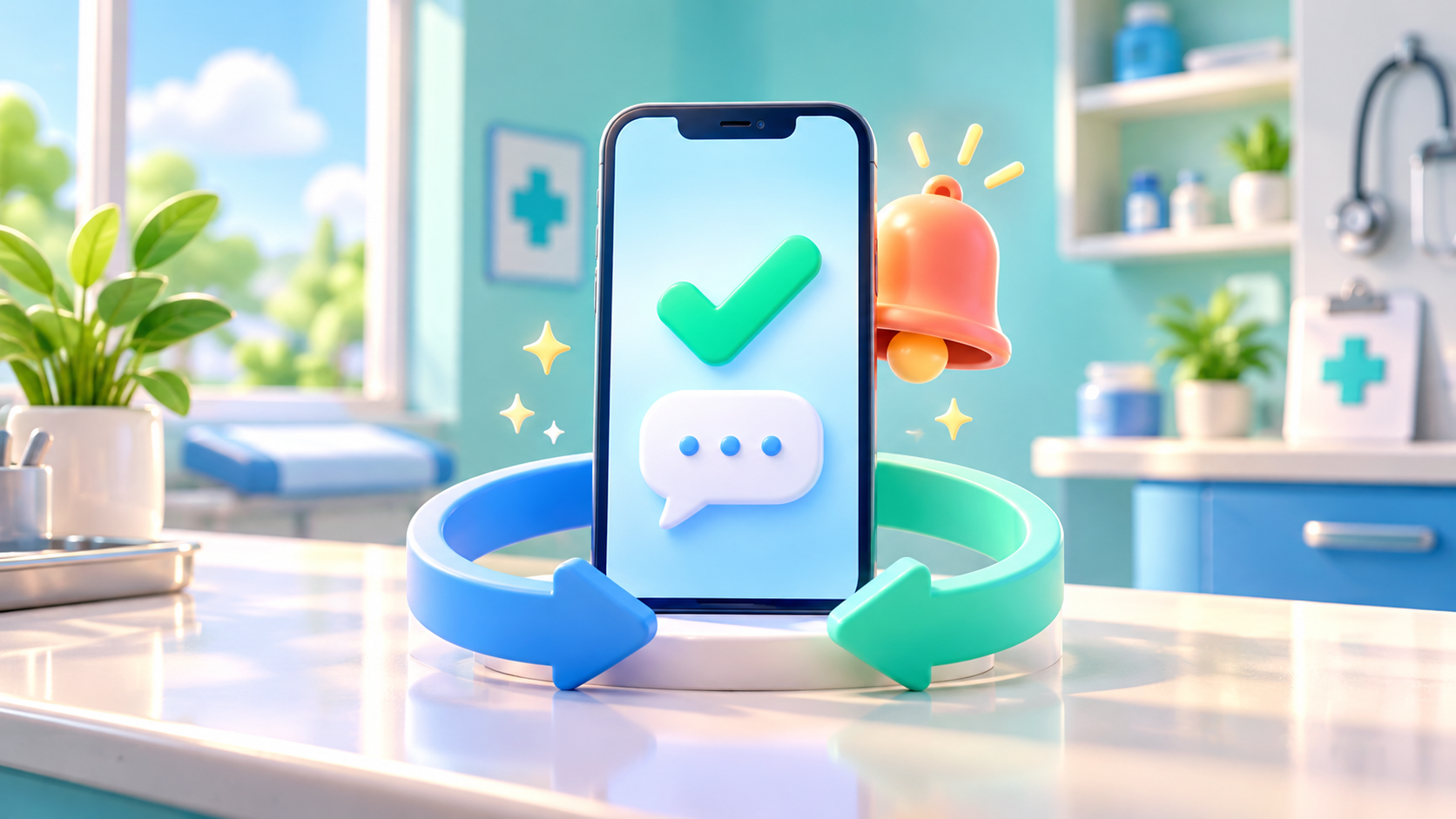 A phone with confirmation, messaging and reminder symbols represents the progression from a K-DIA request to clinic follow-up.