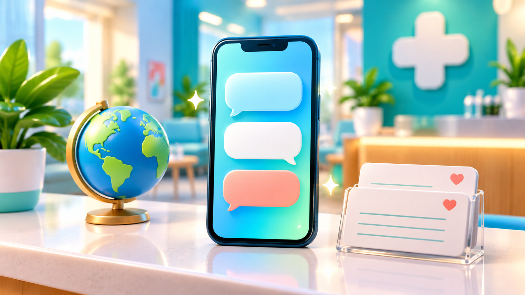 A phone with conversation symbols and a globe represents K-DIA as a continuing multilingual contact point for international patients.