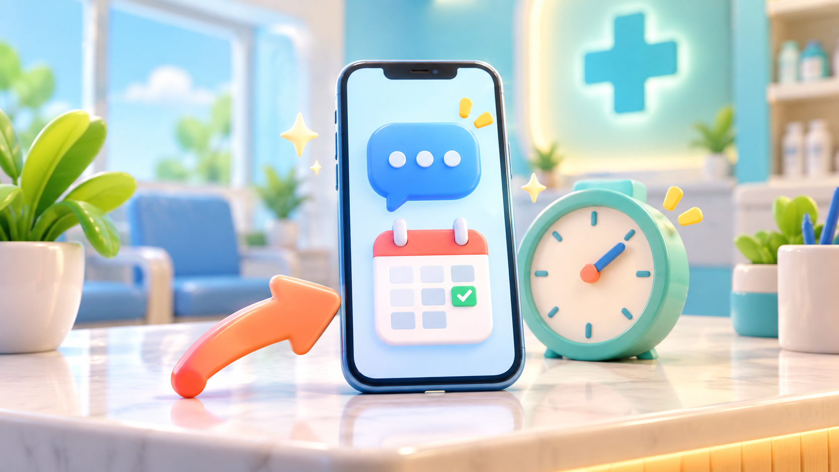 A phone with messaging and calendar symbols represents the connection between patient inquiries, booking, and appointment reminders in K-DIA.