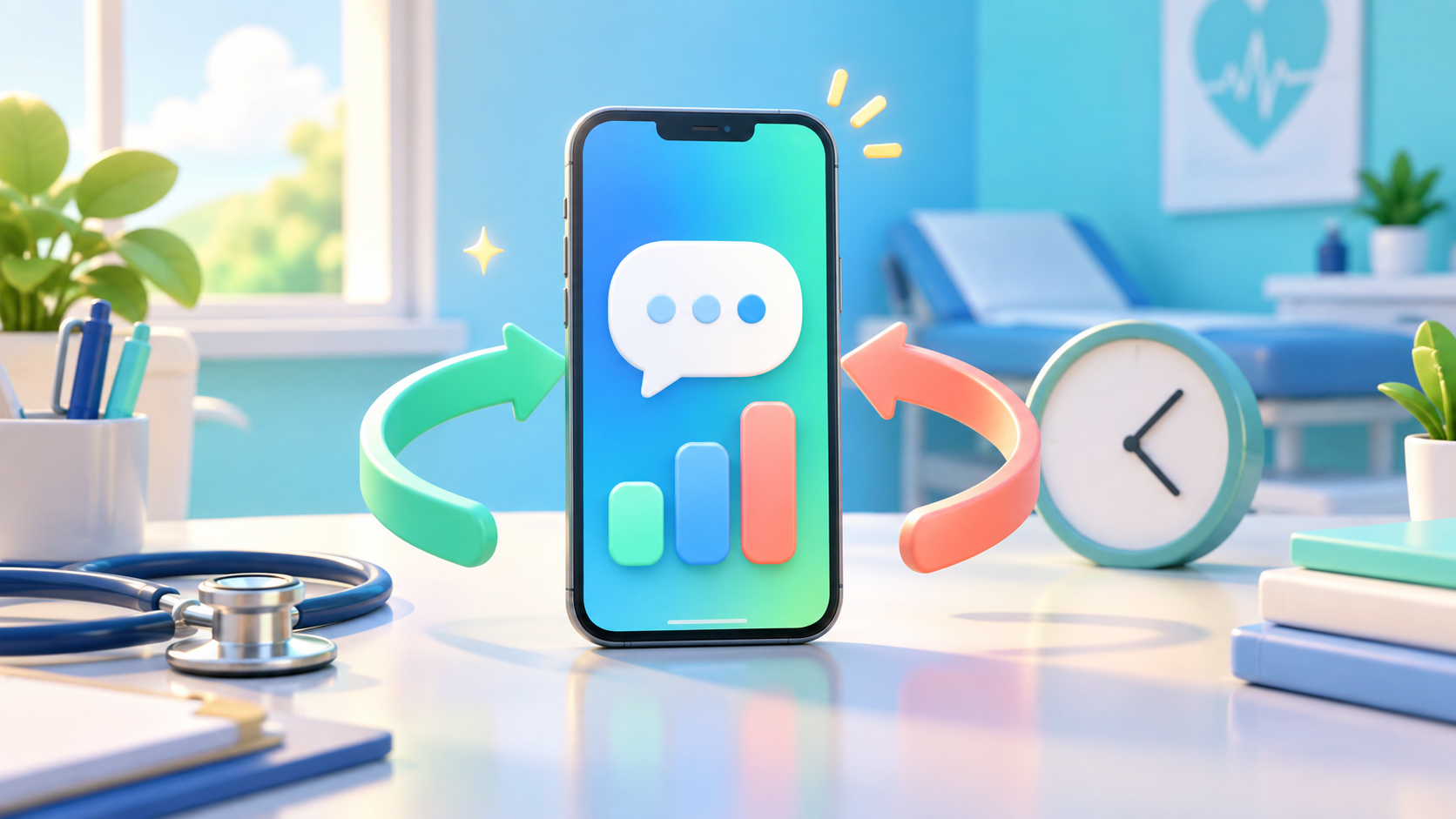 A smartphone surrounded by looping arrows and a clock represents how K-DIA consultation and revisit management support repeatable workflows and operational review.