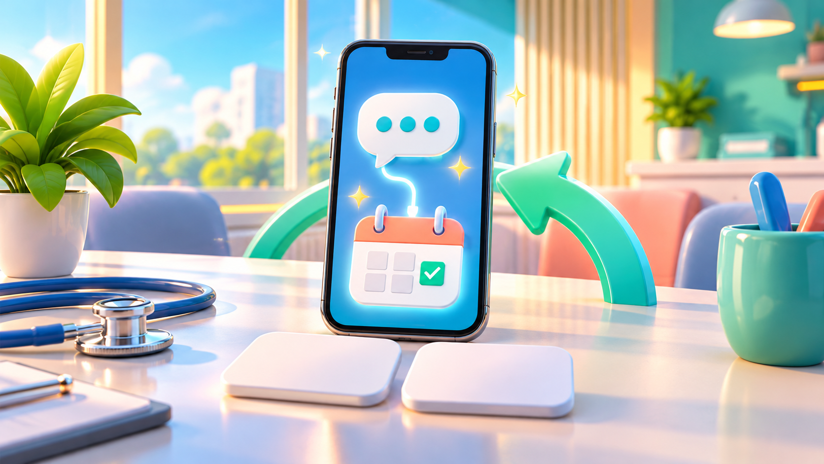 A smartphone-centred meeting table represents discussing consultation and booking patterns with staff and agreeing on the next communication change.