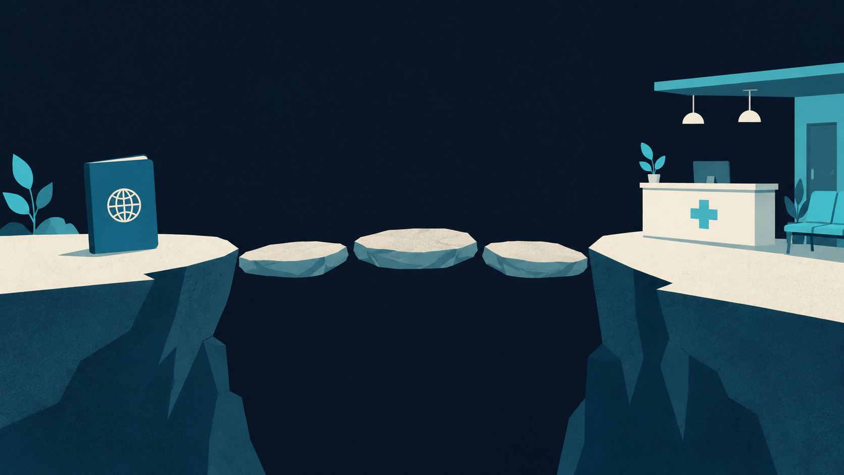 Stepping stones between a passport and a clinic reception desk represent the clarification and clinical assessment connecting a patient's concern to a hospital's proposal.