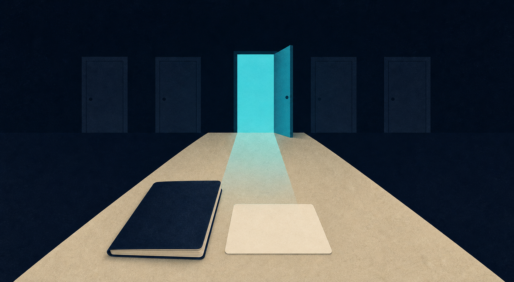 A passport and clinic appointment card aligned with an open door represent AI search as an entry point into a patient’s provider shortlist.