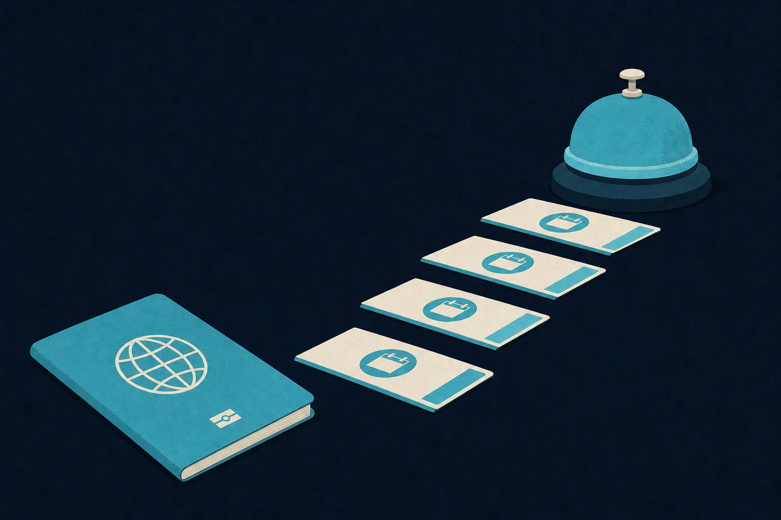 A passport, reception bell, and rising appointment cards illustrate how national brand equity can lift both selection confidence and willingness to spend.