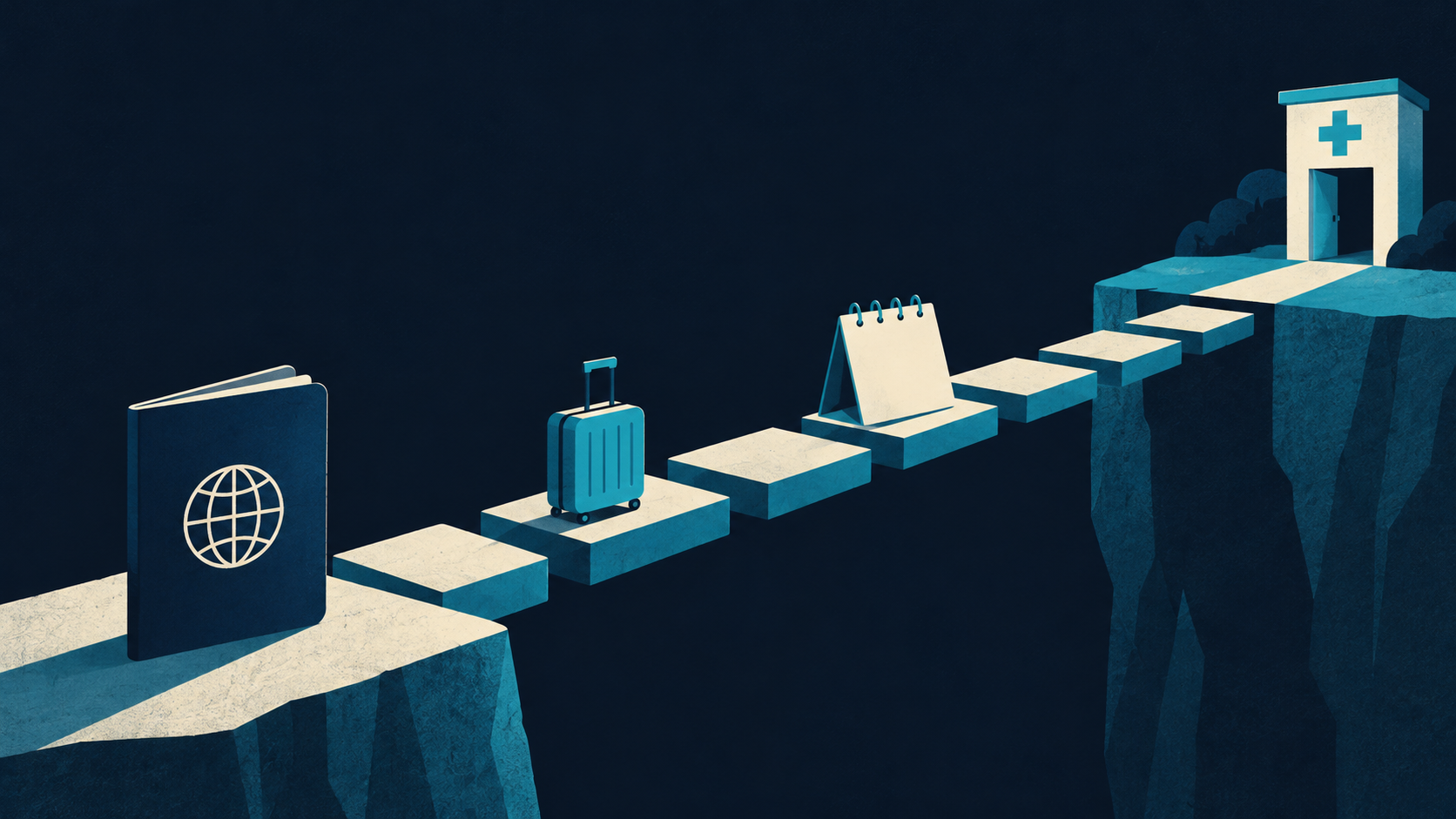 A passport-to-clinic bridge represents the travel, scheduling, and practical conditions that connect interest in Korean care with an executable journey.