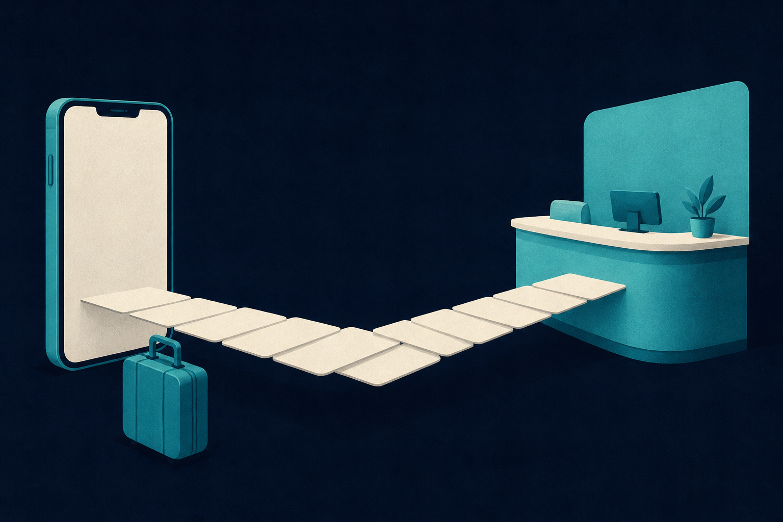 A narrow bridge from smartphone to reception desk represents the scheduling and travel uncertainty that overseas patients must cross before visiting.
