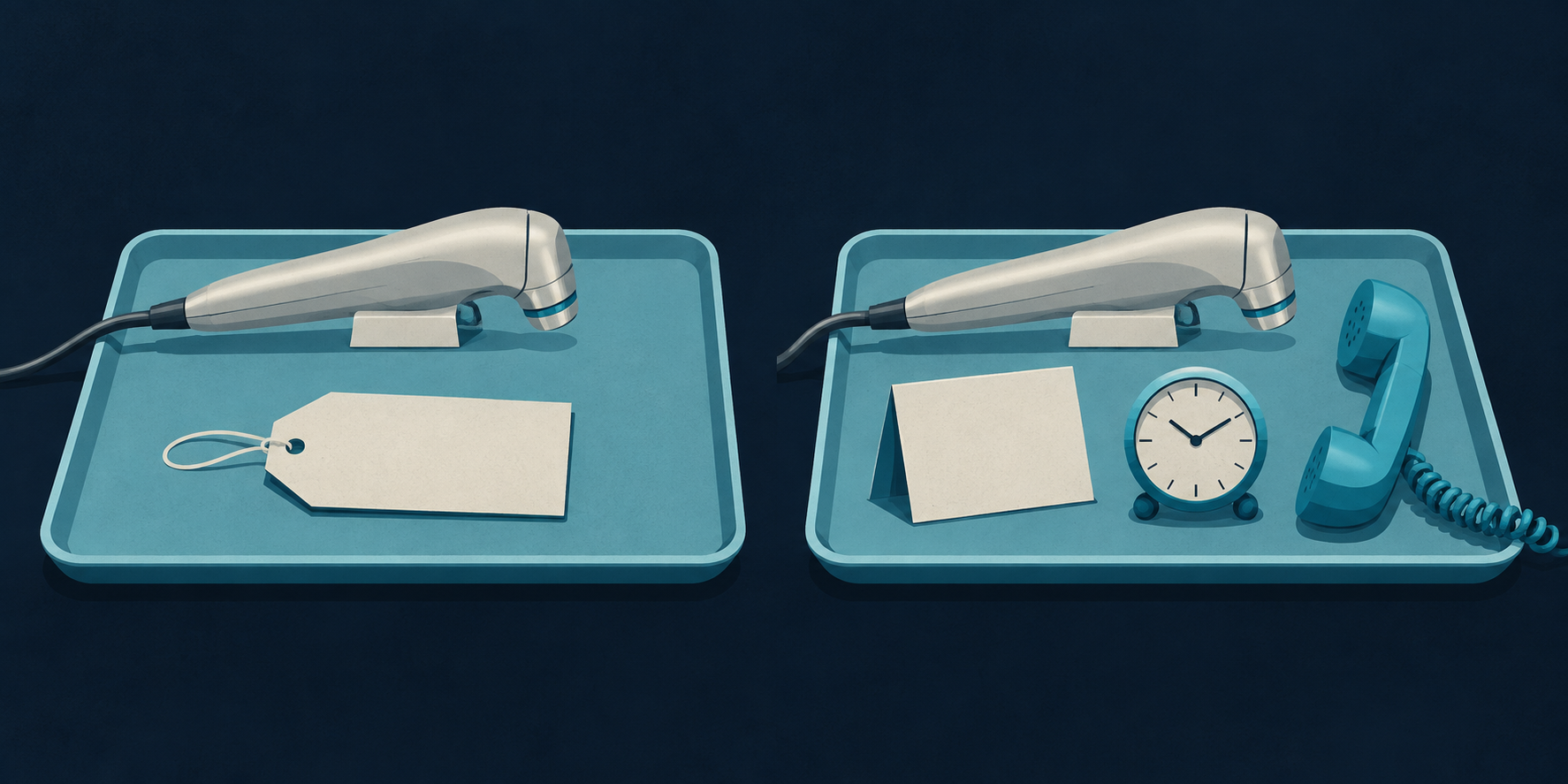 Identical treatment handpieces surrounded by different service cues show how care arrangements can change the basis of clinic comparison.