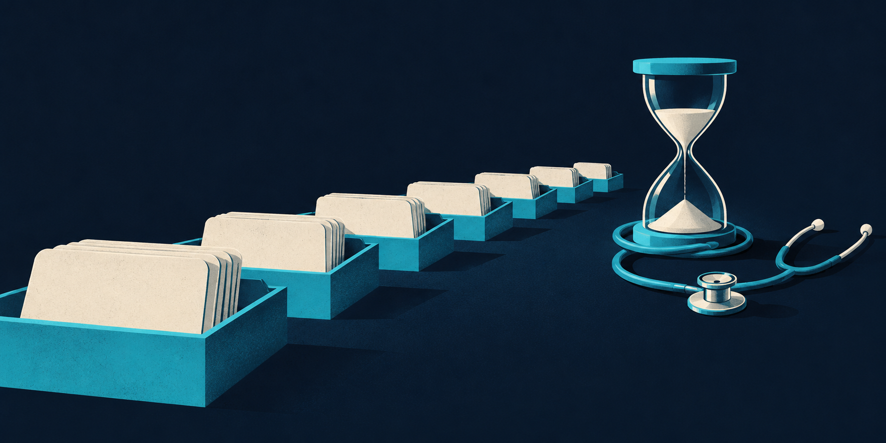 Appointment cards approaching a narrow hourglass represent how constrained clinician time shapes the economics of patient growth.