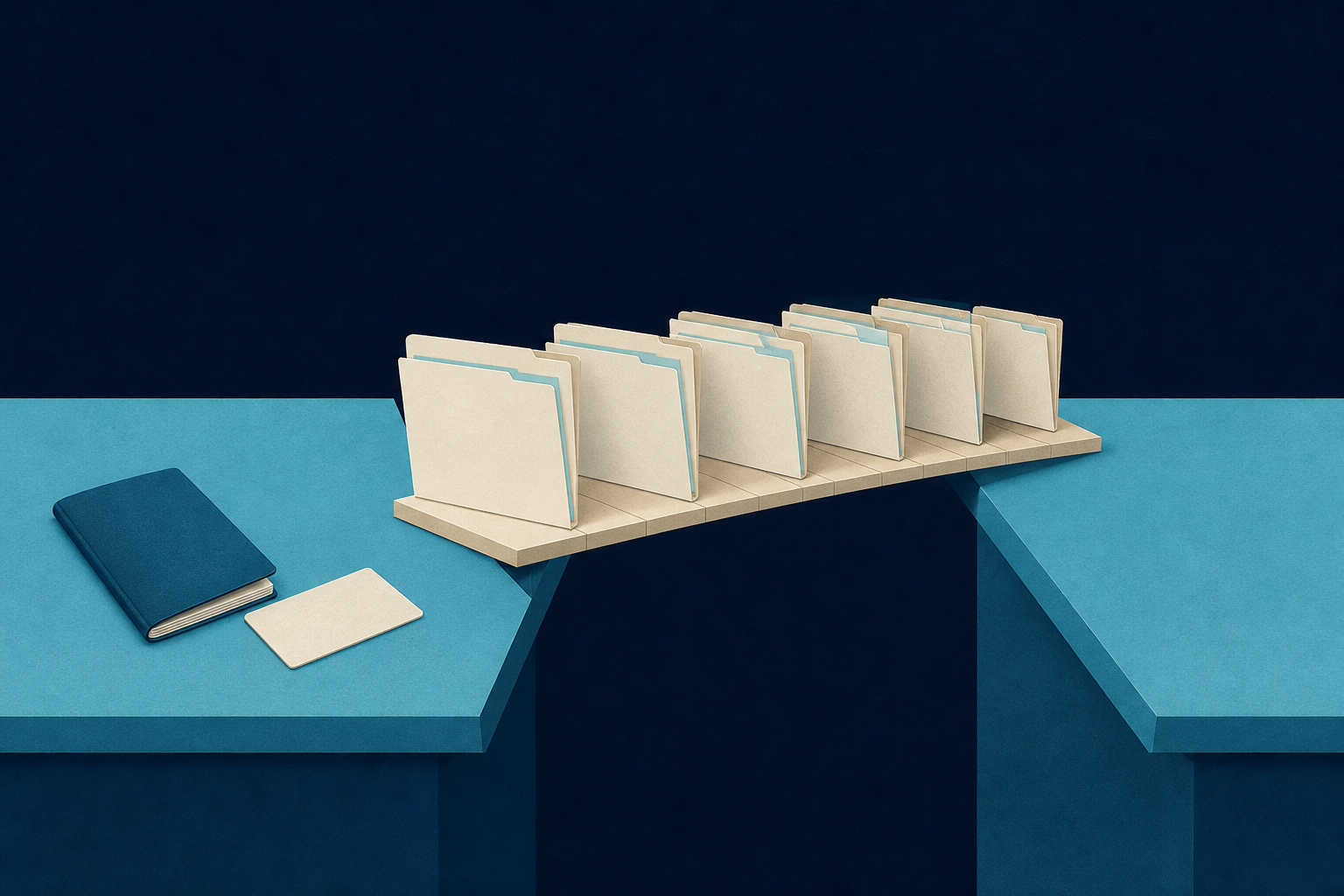 A row of patient folders crossing between desks represents the regulatory checkpoints created when foreign-patient inquiry data enters hospital operations.