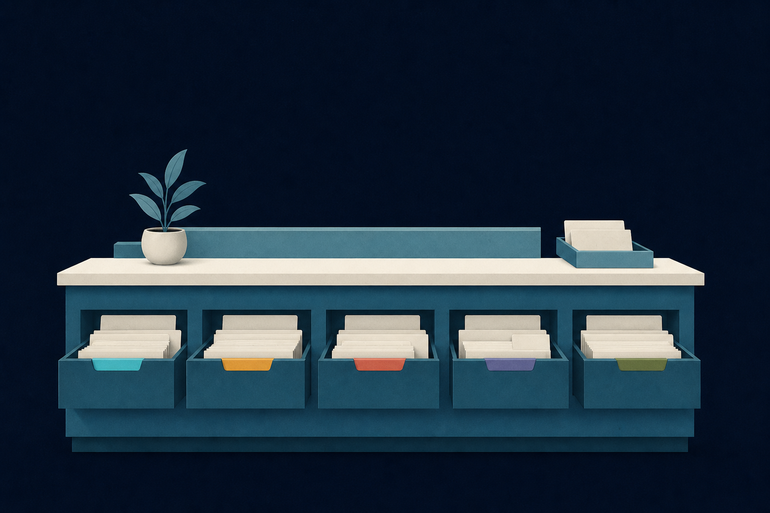 A clinic reception desk with separated drawers represents CRM design that stores patient information by purpose, access right, and retention rule.