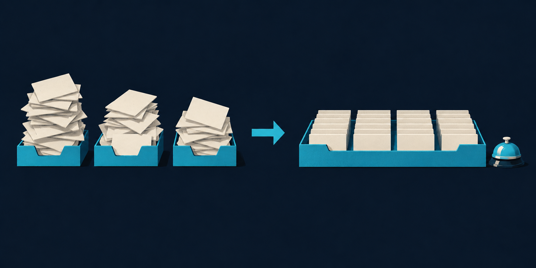 Uneven appointment-card piles become an orderly shared queue, illustrating how pooled inquiries can make better use of available language staff.