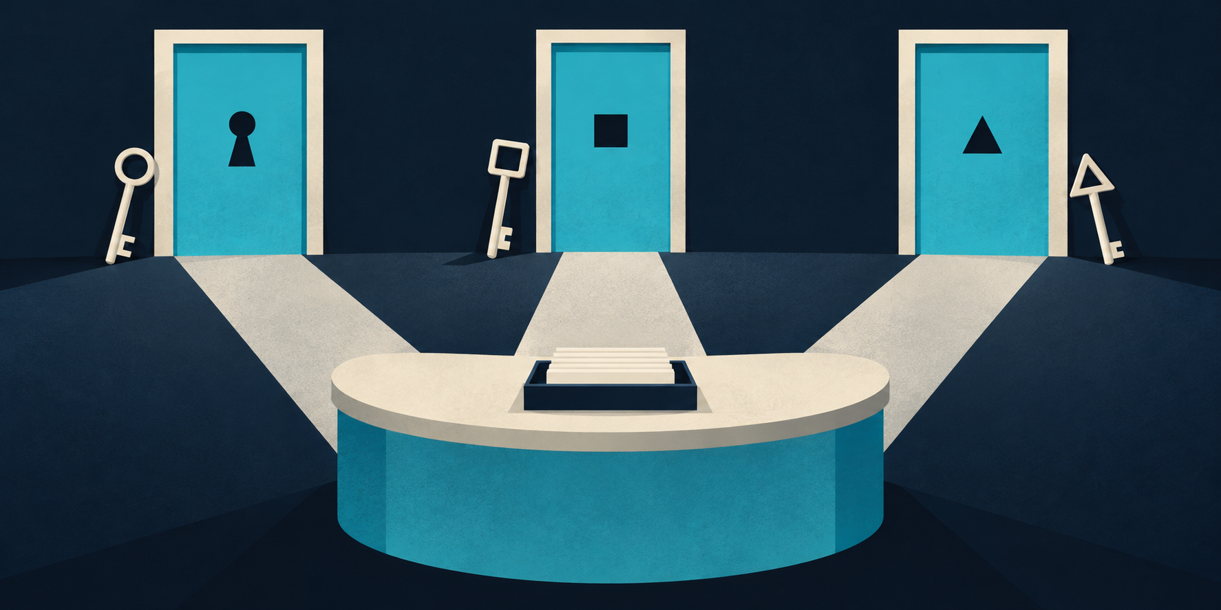A shared reception desk connects to clinic doors with different keys, representing clinic-specific authority over pricing, appointments, and clinical decisions.