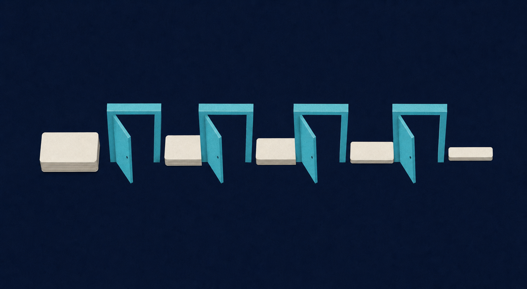 A row of four open doorways shows how patient intent and decision context can thin out as consultation steps multiply.