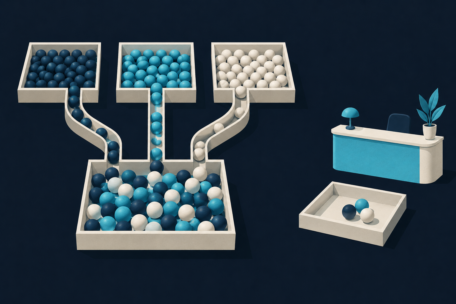Colored beads flowing from several trays into a shared tray illustrate how observing multiple markets reveals patterns beyond an individual clinic's records.