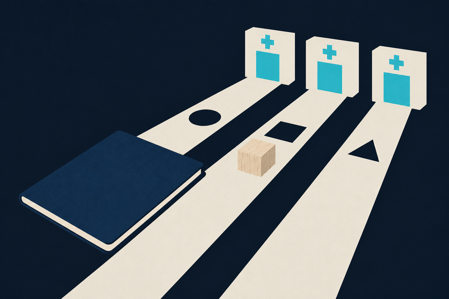 A passport and differently shaped paths to clinic doorways illustrate how hospital matching connects patient travel requirements with verifiable operating conditions.
