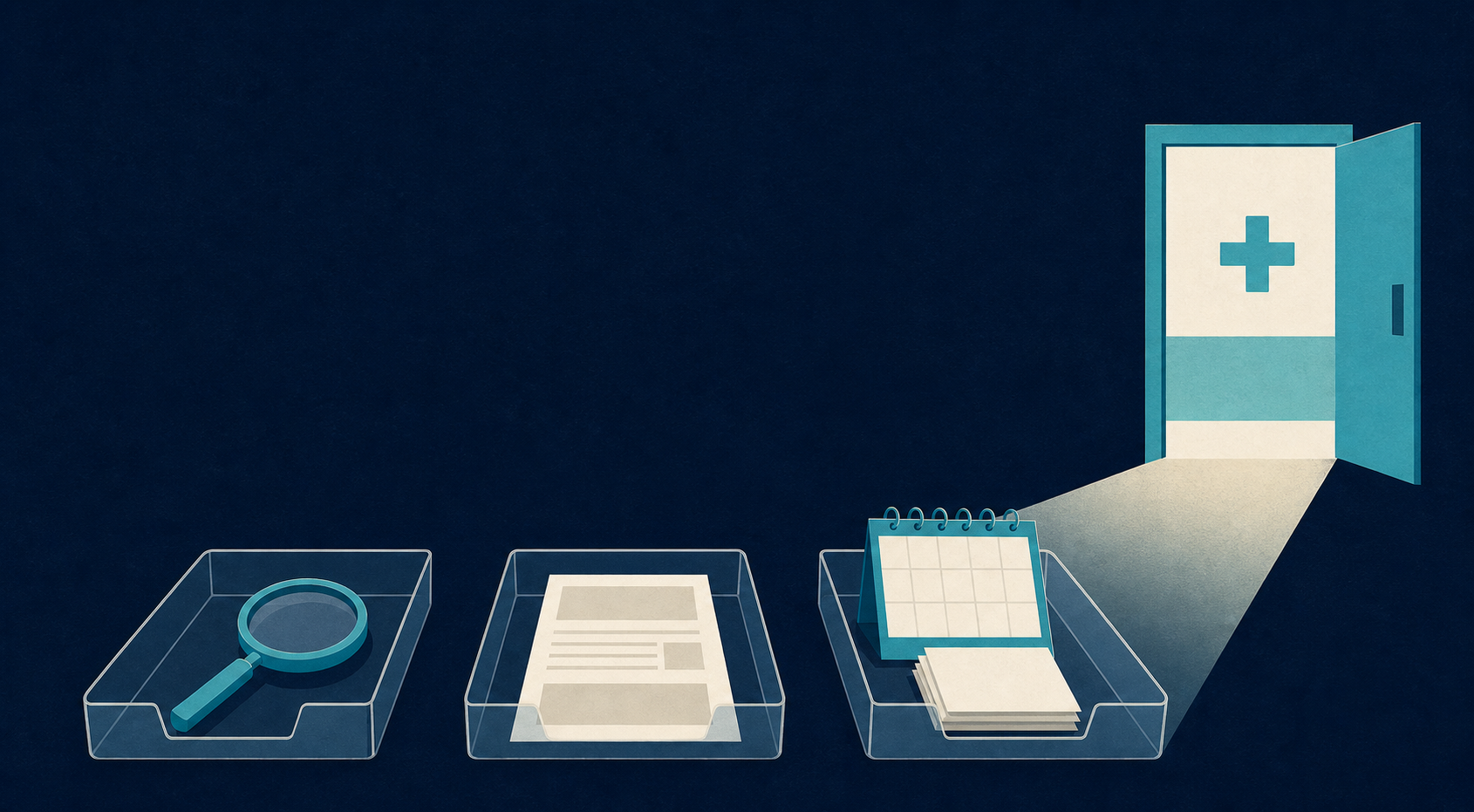 The visual represents search, content, consultation, and scheduling working as one connected patient decision flow.
