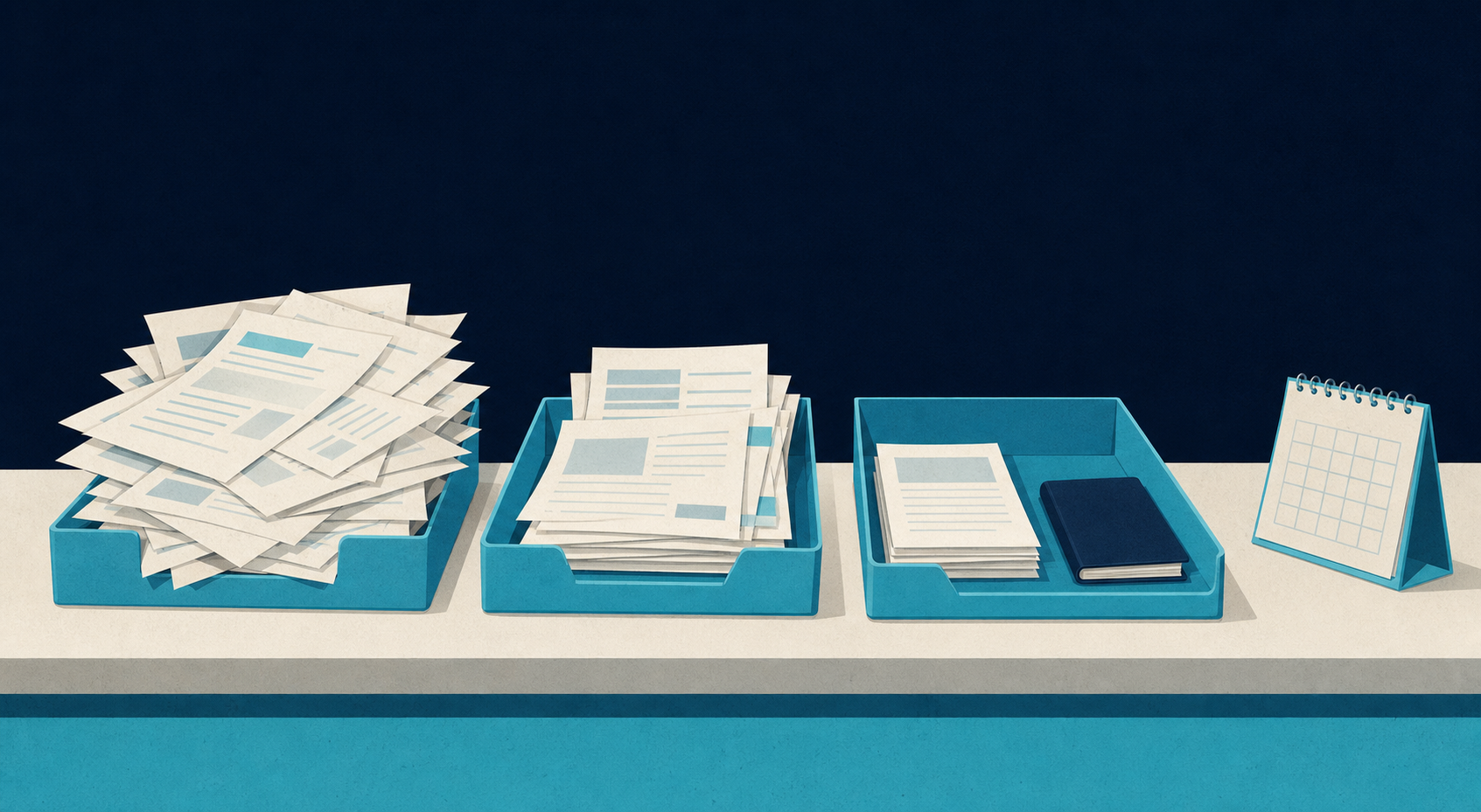 A clinic reception desk with inquiry papers sorted from overwhelming volume into clearer priority groups beside travel-planning cues.