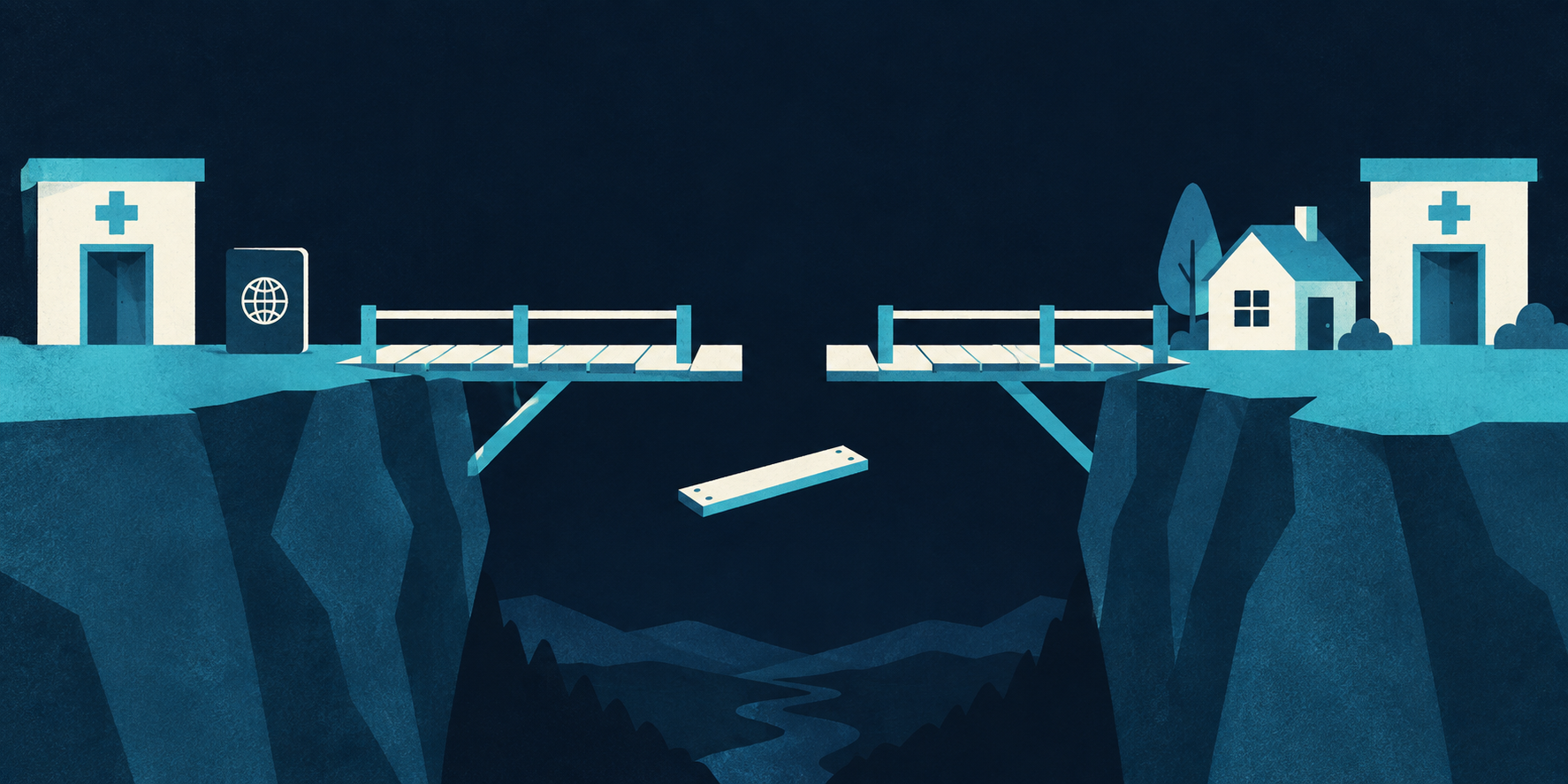 A bridge linking a treatment clinic to a patient’s home and another clinic represents the continuity of care that may influence cross-border treatment decisions.