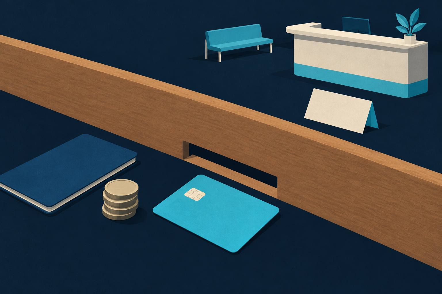 A bank card facing a narrow wooden barrier illustrates how credit availability and payment authorization can separate an interested international patient from a confirmed clinic appointment.
